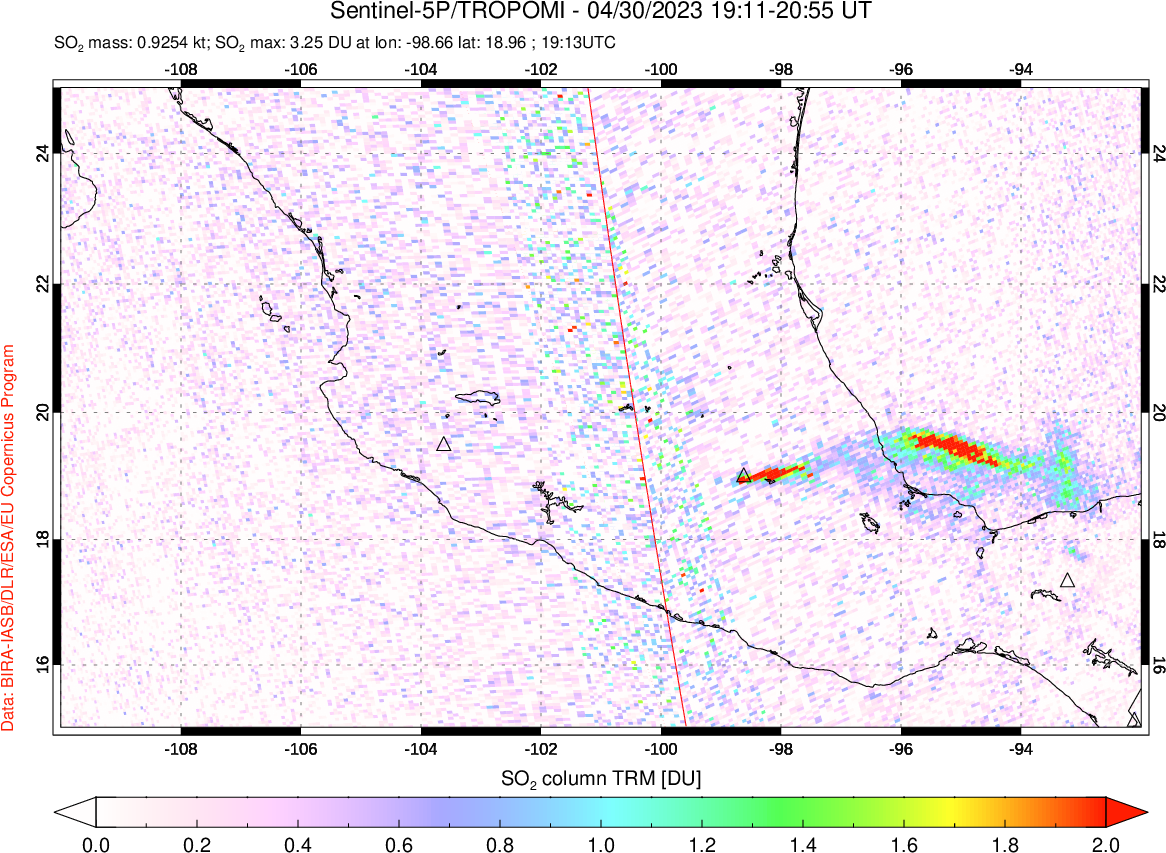 A sulfur dioxide image over Mexico on Apr 30, 2023.