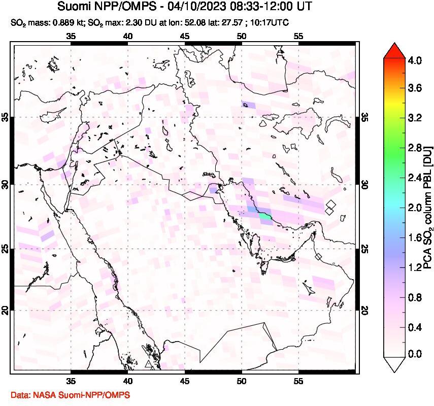 A sulfur dioxide image over Middle East on Apr 10, 2023.