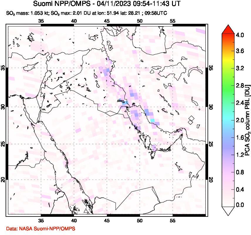 A sulfur dioxide image over Middle East on Apr 11, 2023.