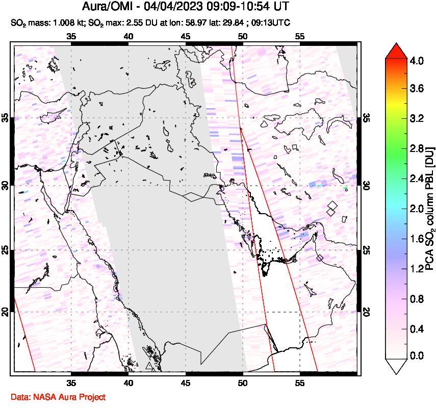 A sulfur dioxide image over Middle East on Apr 04, 2023.