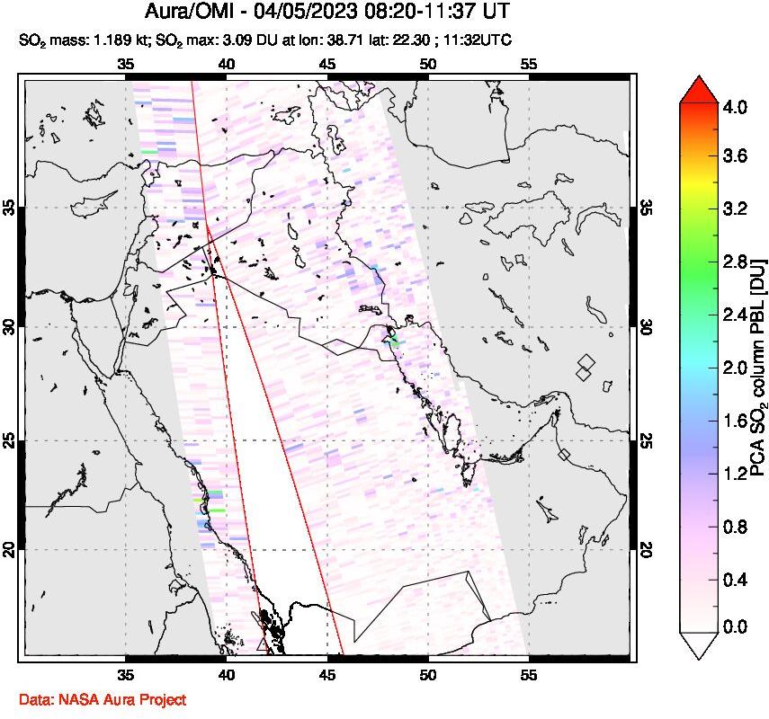 A sulfur dioxide image over Middle East on Apr 05, 2023.