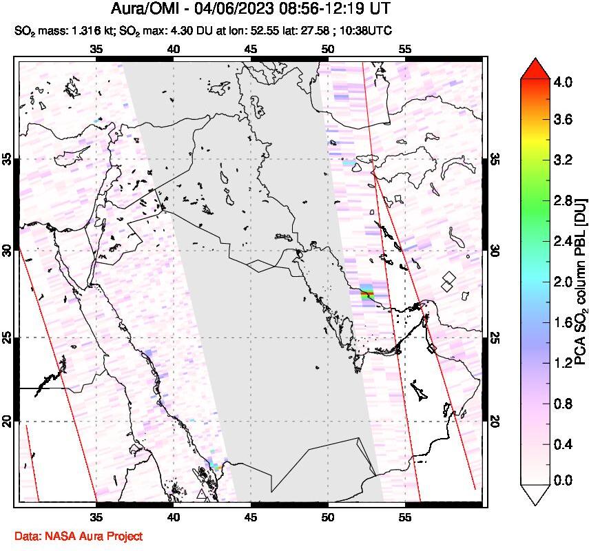 A sulfur dioxide image over Middle East on Apr 06, 2023.