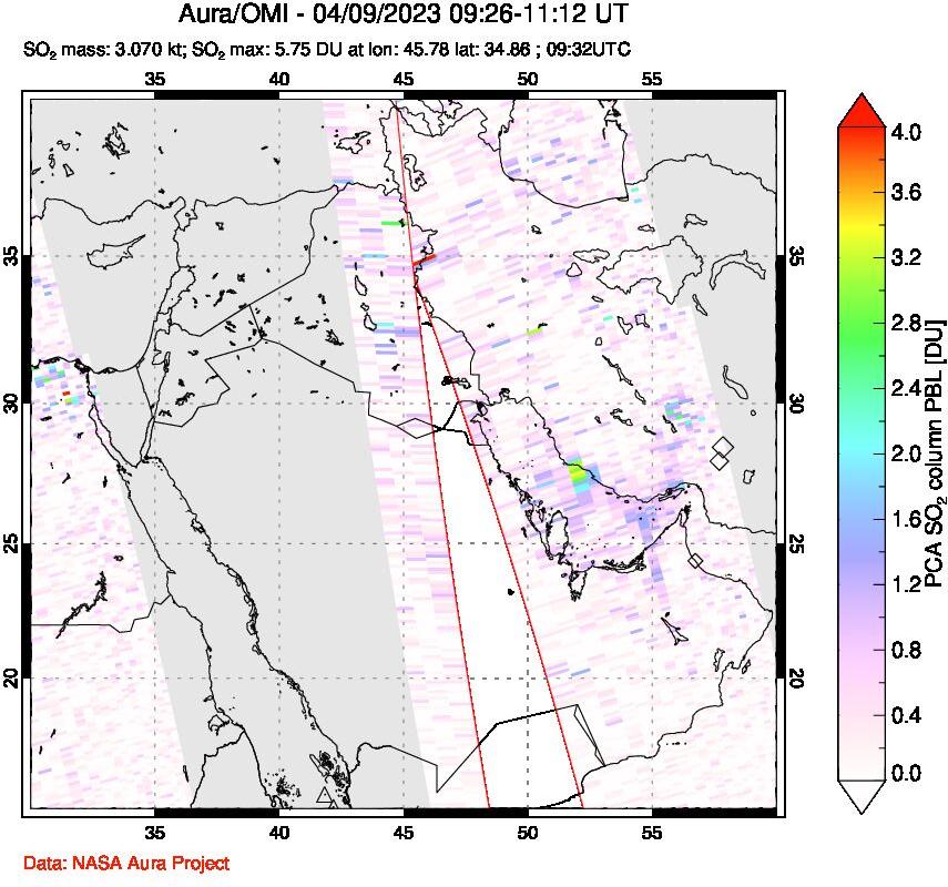 A sulfur dioxide image over Middle East on Apr 09, 2023.