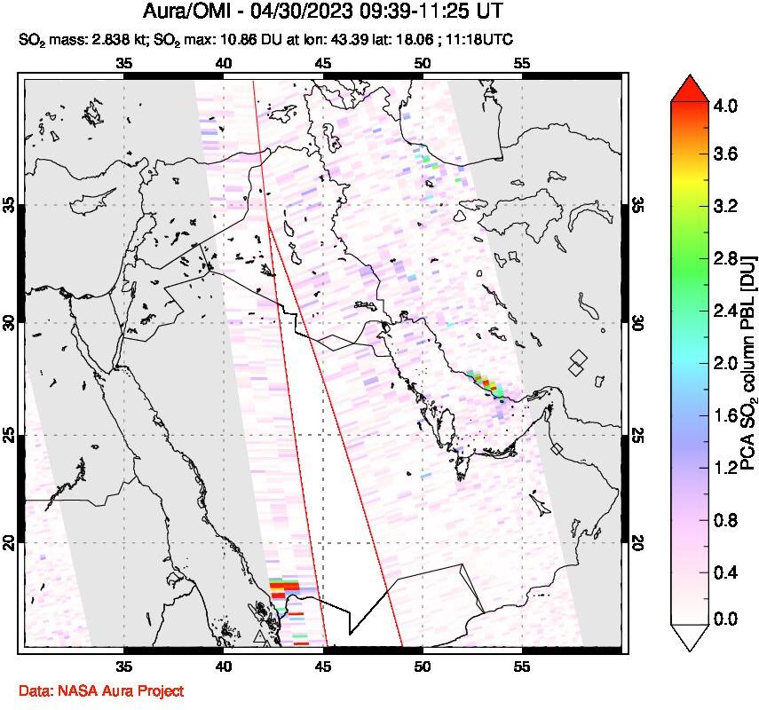 A sulfur dioxide image over Middle East on Apr 30, 2023.