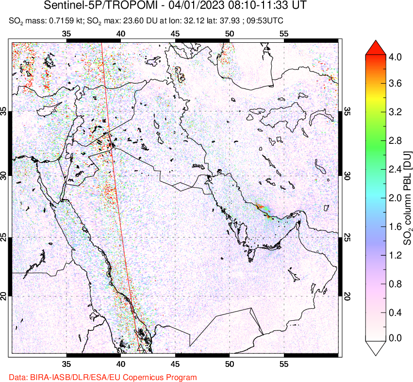 A sulfur dioxide image over Middle East on Apr 01, 2023.