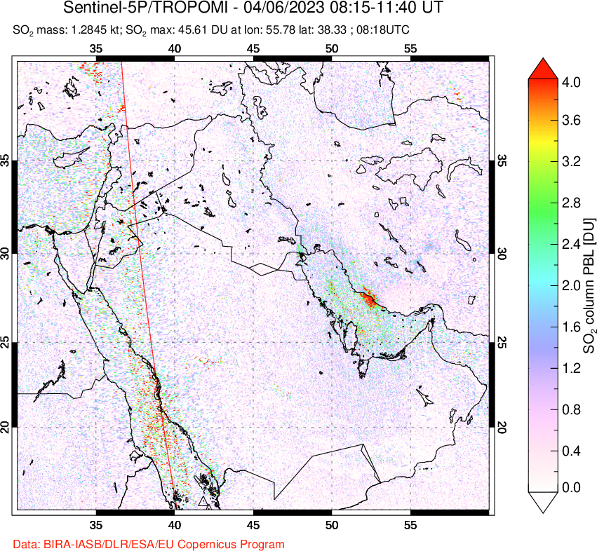 A sulfur dioxide image over Middle East on Apr 06, 2023.