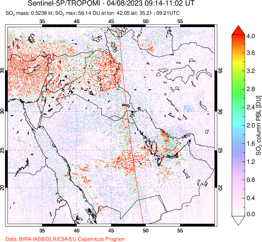 A sulfur dioxide image over Middle East on Apr 08, 2023.