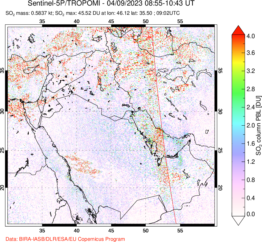 A sulfur dioxide image over Middle East on Apr 09, 2023.