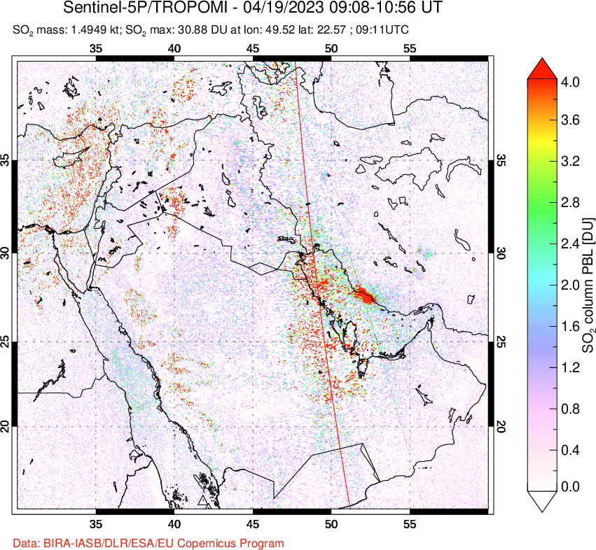 A sulfur dioxide image over Middle East on Apr 19, 2023.