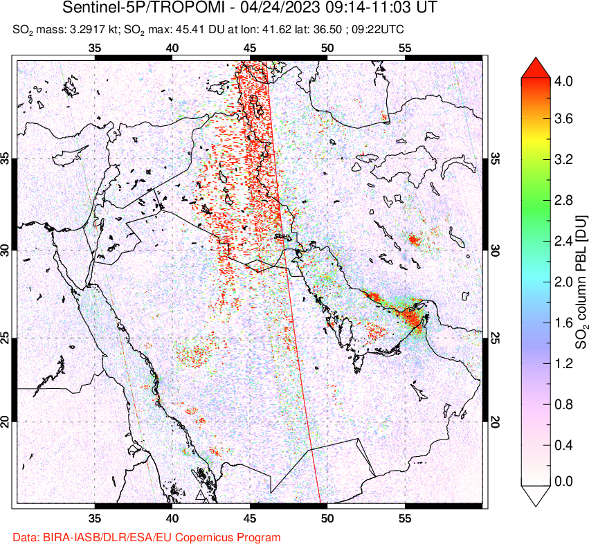 A sulfur dioxide image over Middle East on Apr 24, 2023.