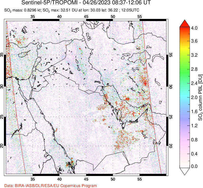 A sulfur dioxide image over Middle East on Apr 26, 2023.