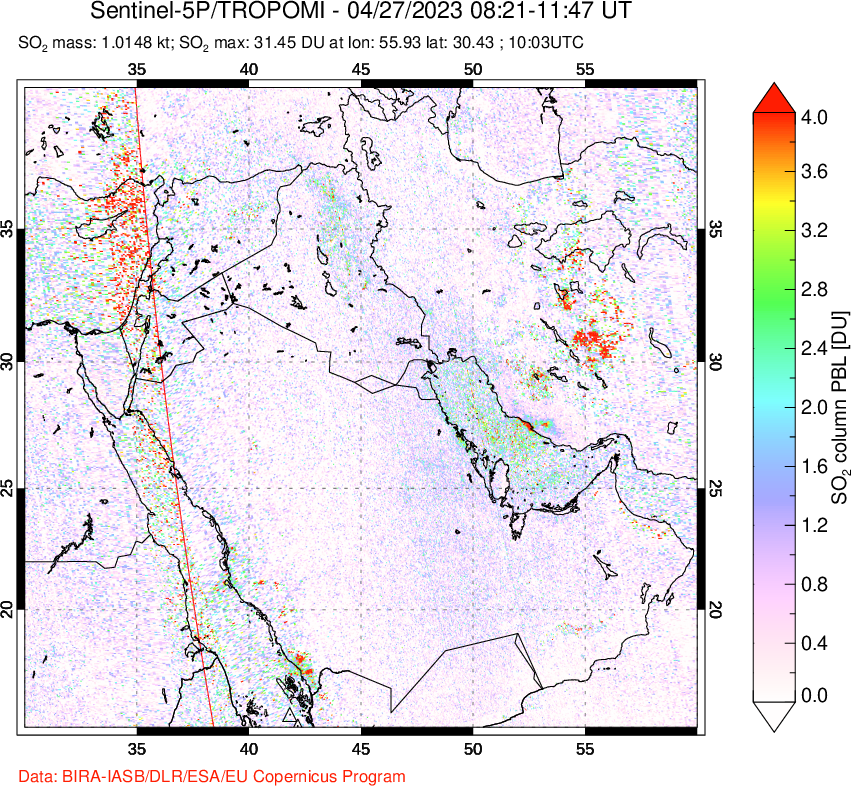 A sulfur dioxide image over Middle East on Apr 27, 2023.