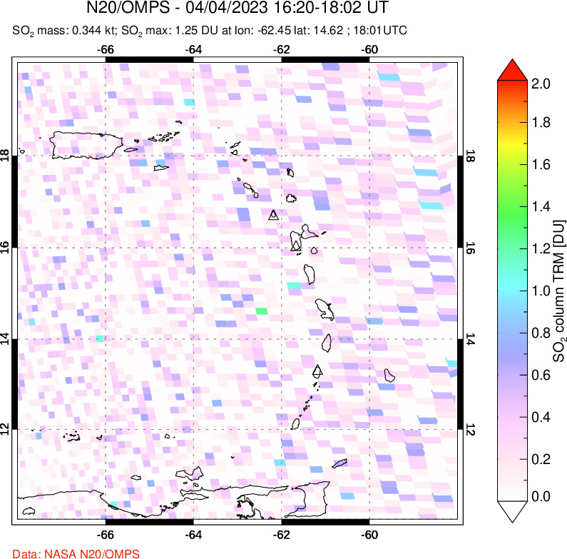 A sulfur dioxide image over Montserrat, West Indies on Apr 04, 2023.