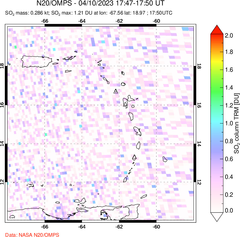 A sulfur dioxide image over Montserrat, West Indies on Apr 10, 2023.