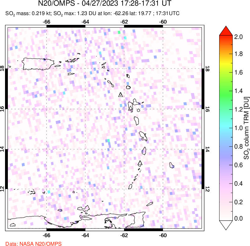 A sulfur dioxide image over Montserrat, West Indies on Apr 27, 2023.