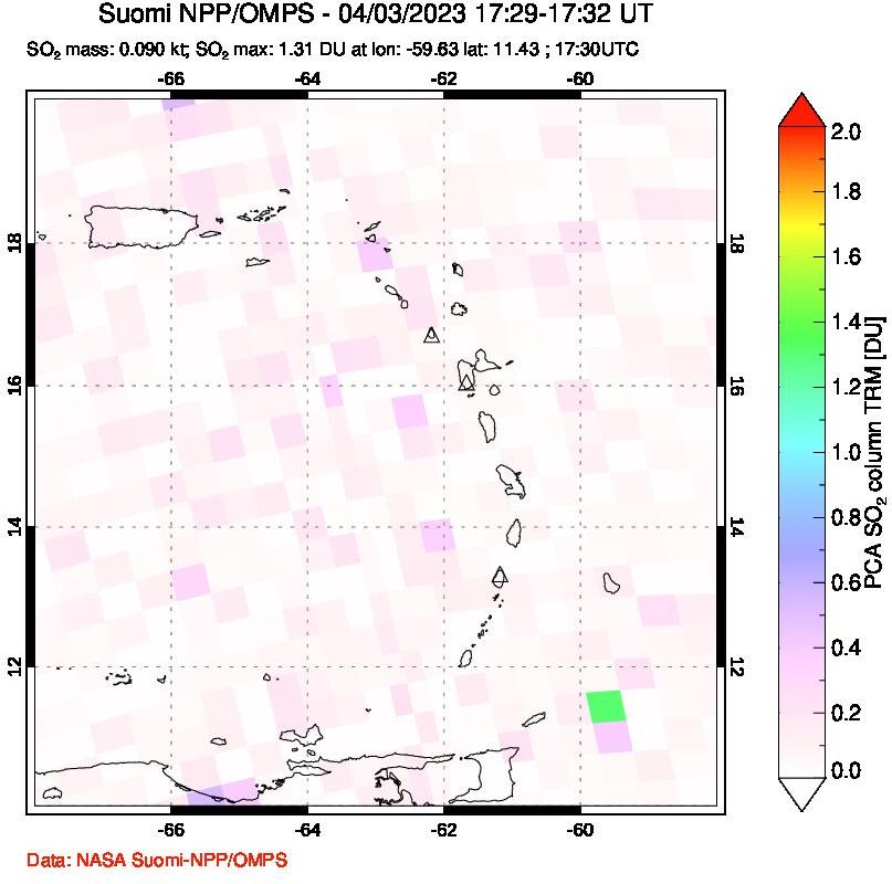A sulfur dioxide image over Montserrat, West Indies on Apr 03, 2023.