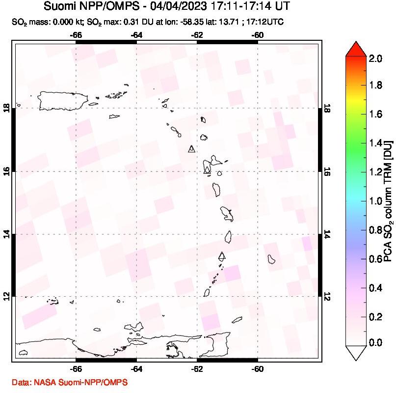 A sulfur dioxide image over Montserrat, West Indies on Apr 04, 2023.