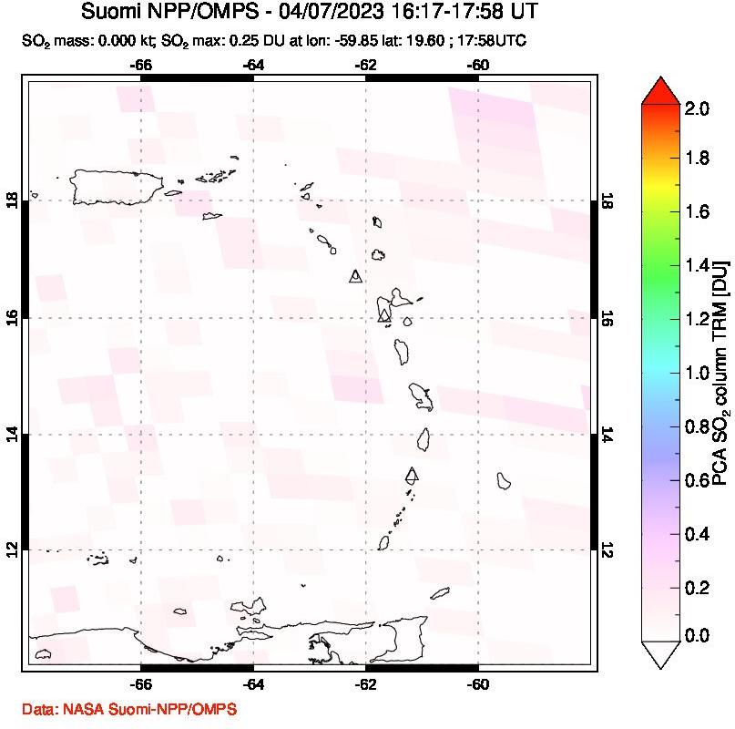 A sulfur dioxide image over Montserrat, West Indies on Apr 07, 2023.