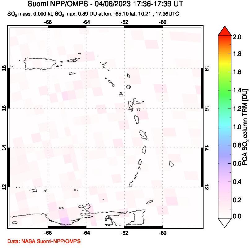 A sulfur dioxide image over Montserrat, West Indies on Apr 08, 2023.