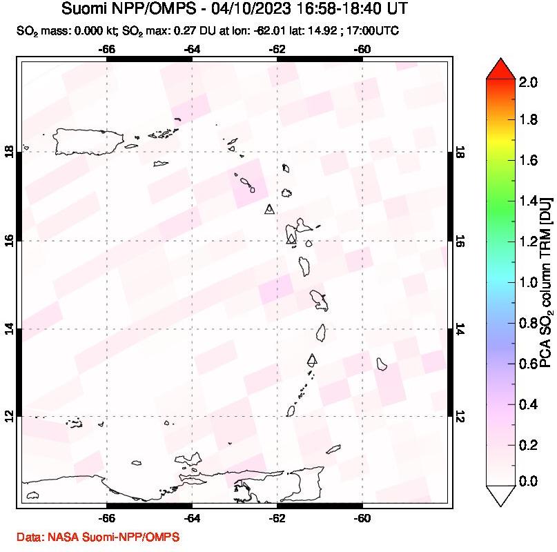 A sulfur dioxide image over Montserrat, West Indies on Apr 10, 2023.