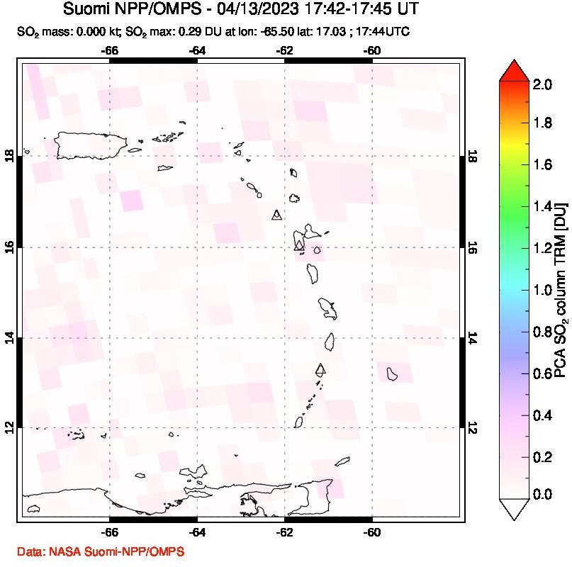 A sulfur dioxide image over Montserrat, West Indies on Apr 13, 2023.