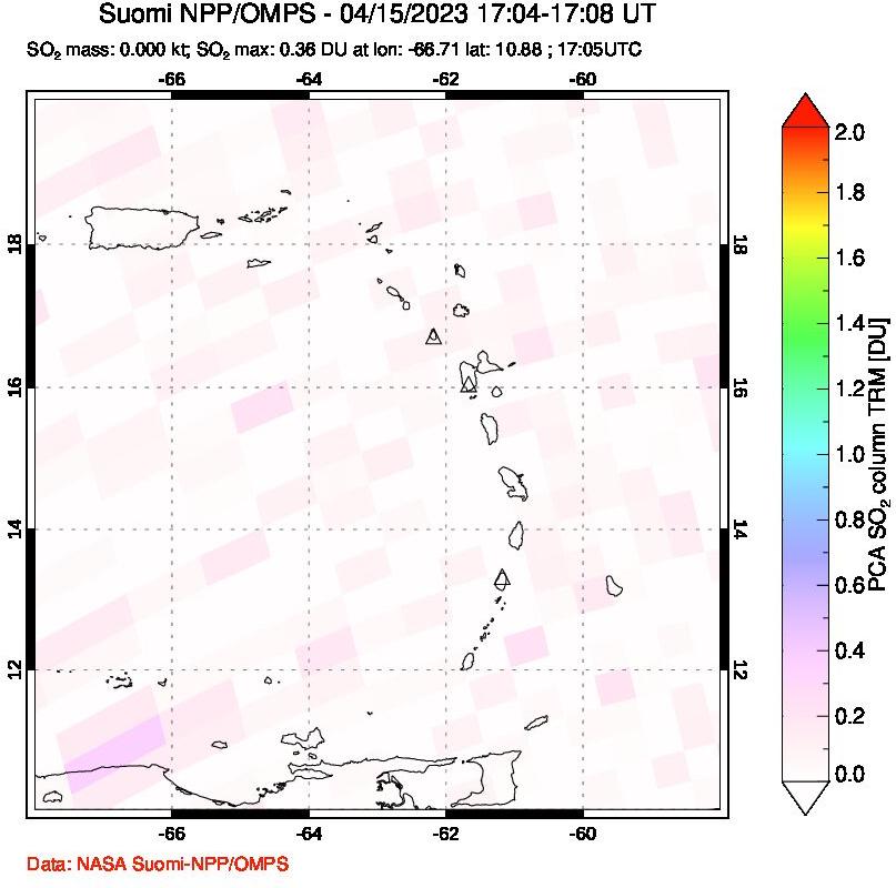A sulfur dioxide image over Montserrat, West Indies on Apr 15, 2023.
