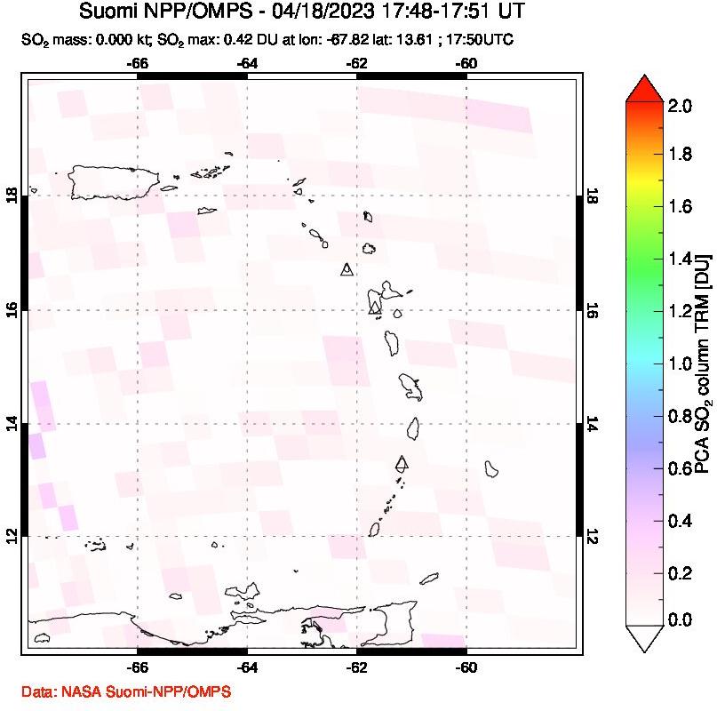 A sulfur dioxide image over Montserrat, West Indies on Apr 18, 2023.