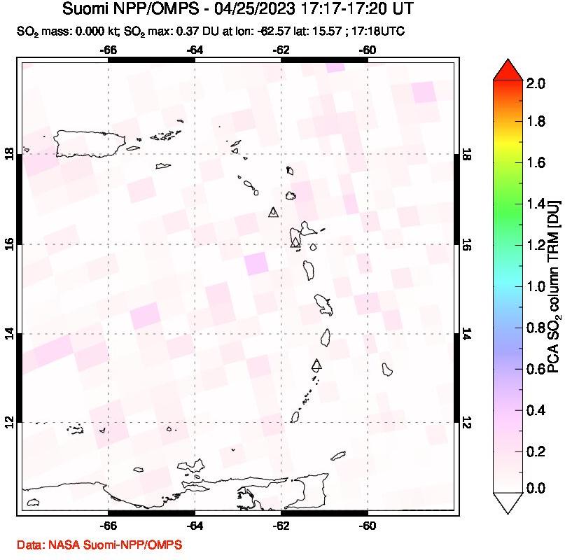 A sulfur dioxide image over Montserrat, West Indies on Apr 25, 2023.