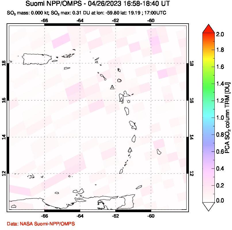 A sulfur dioxide image over Montserrat, West Indies on Apr 26, 2023.