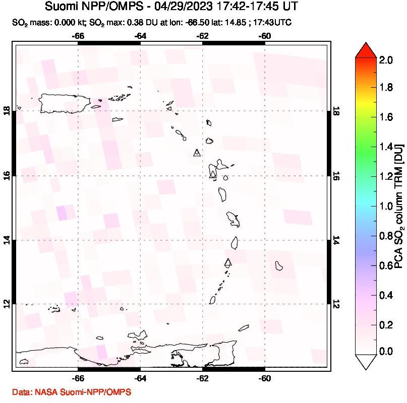 A sulfur dioxide image over Montserrat, West Indies on Apr 29, 2023.
