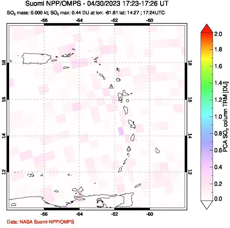 A sulfur dioxide image over Montserrat, West Indies on Apr 30, 2023.