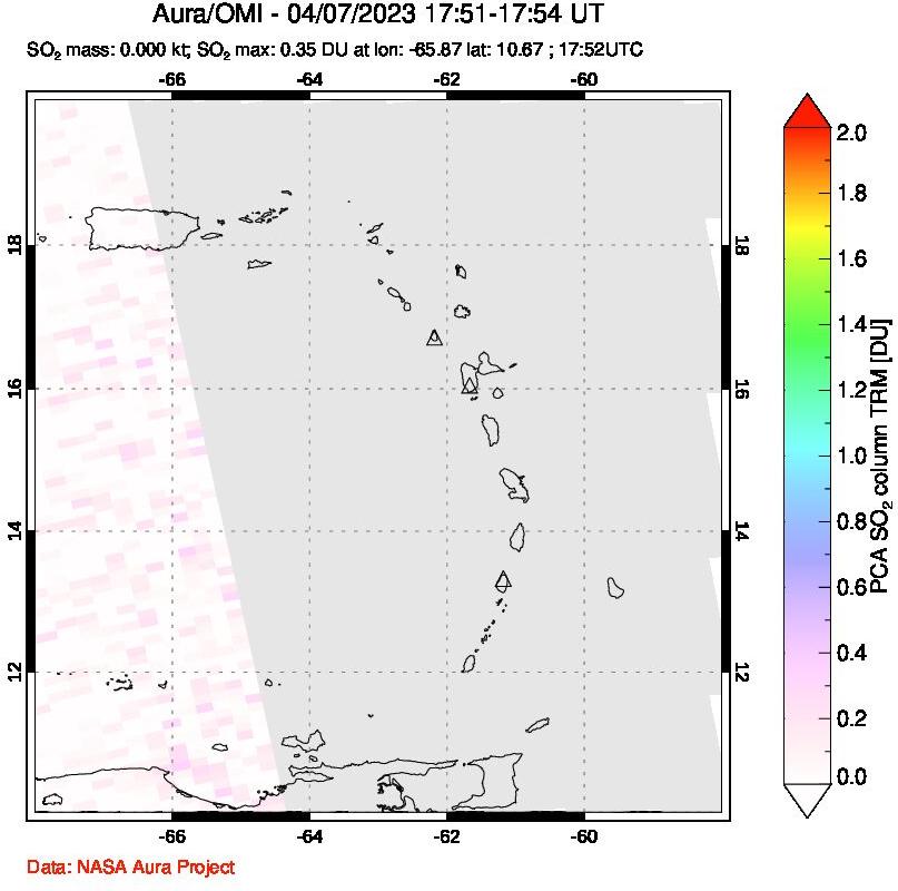 A sulfur dioxide image over Montserrat, West Indies on Apr 07, 2023.