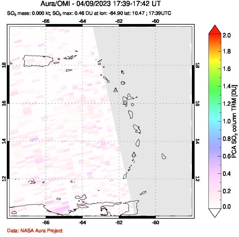 A sulfur dioxide image over Montserrat, West Indies on Apr 09, 2023.