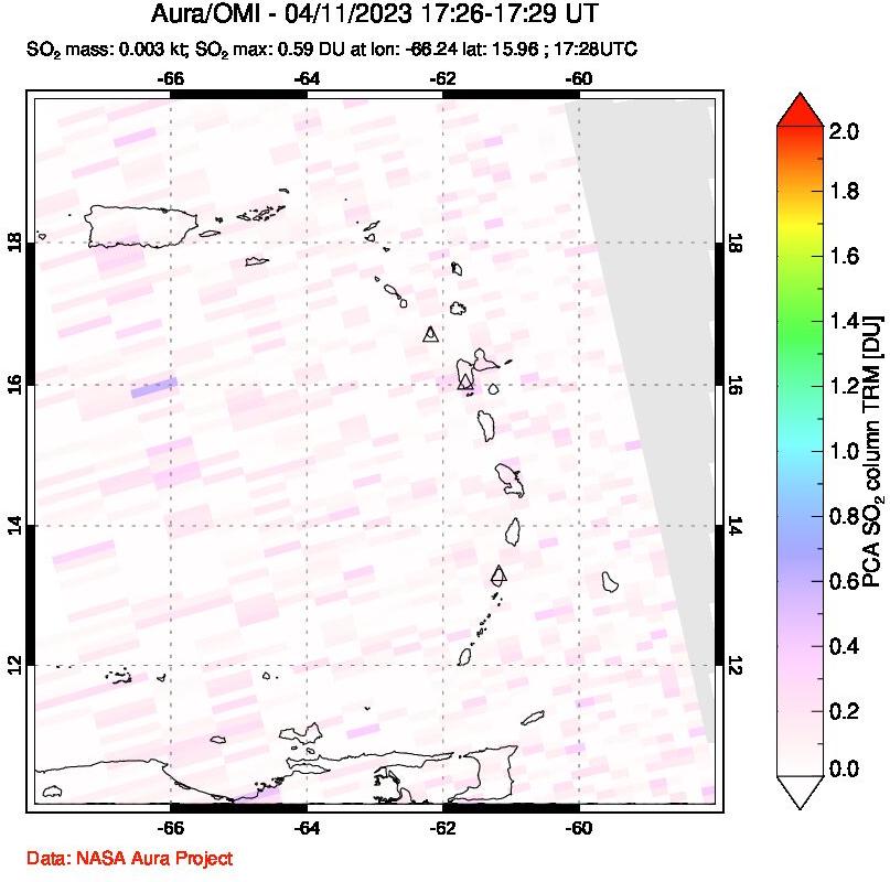 A sulfur dioxide image over Montserrat, West Indies on Apr 11, 2023.