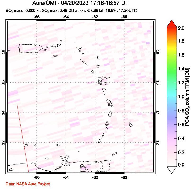 A sulfur dioxide image over Montserrat, West Indies on Apr 20, 2023.