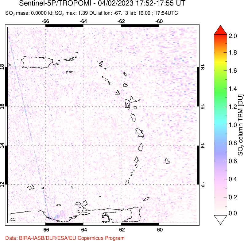 A sulfur dioxide image over Montserrat, West Indies on Apr 02, 2023.