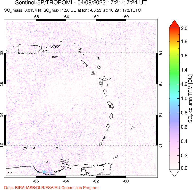 A sulfur dioxide image over Montserrat, West Indies on Apr 09, 2023.