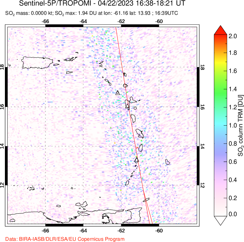 A sulfur dioxide image over Montserrat, West Indies on Apr 22, 2023.
