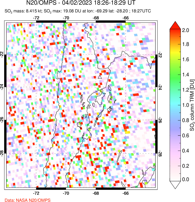 A sulfur dioxide image over Northern Chile on Apr 02, 2023.