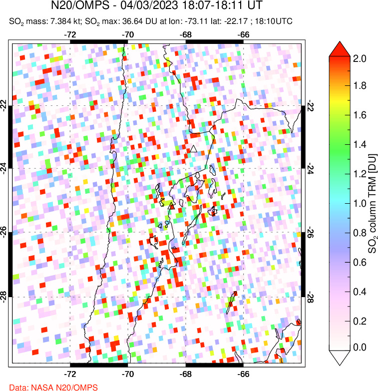 A sulfur dioxide image over Northern Chile on Apr 03, 2023.