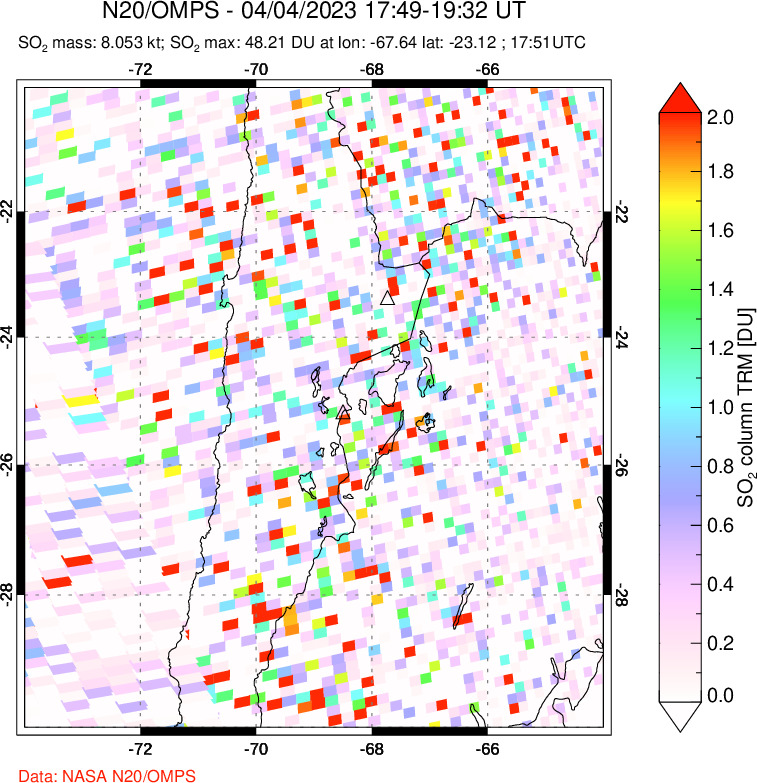 A sulfur dioxide image over Northern Chile on Apr 04, 2023.