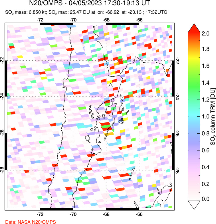 A sulfur dioxide image over Northern Chile on Apr 05, 2023.