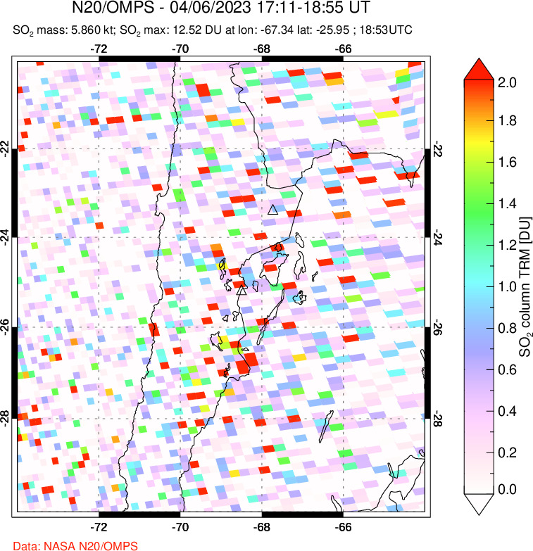 A sulfur dioxide image over Northern Chile on Apr 06, 2023.