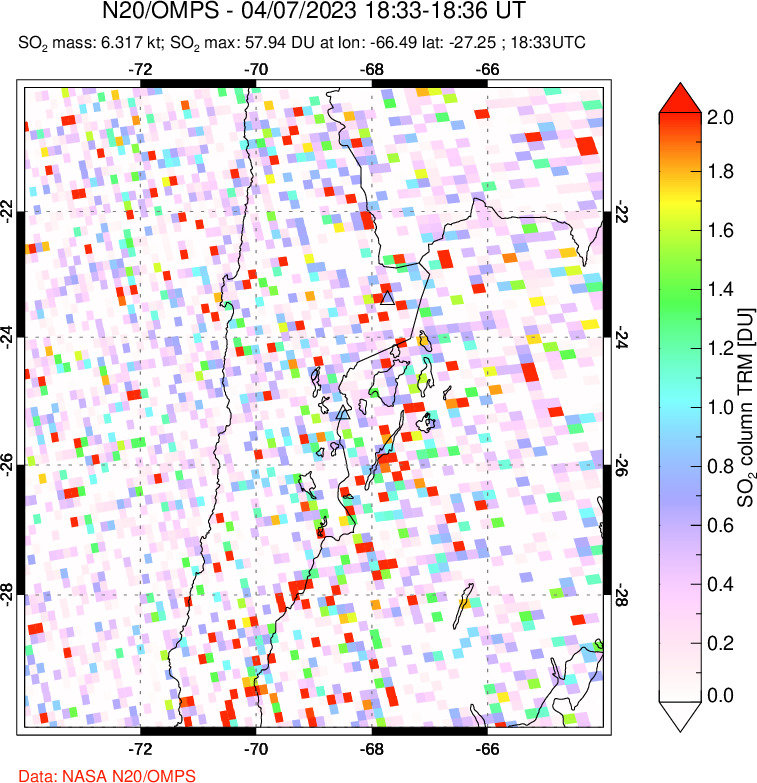 A sulfur dioxide image over Northern Chile on Apr 07, 2023.