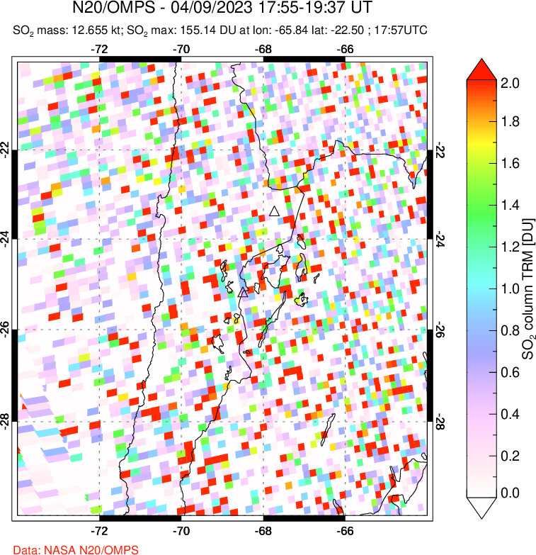 A sulfur dioxide image over Northern Chile on Apr 09, 2023.