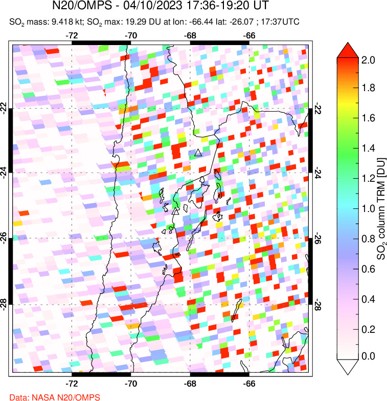 A sulfur dioxide image over Northern Chile on Apr 10, 2023.