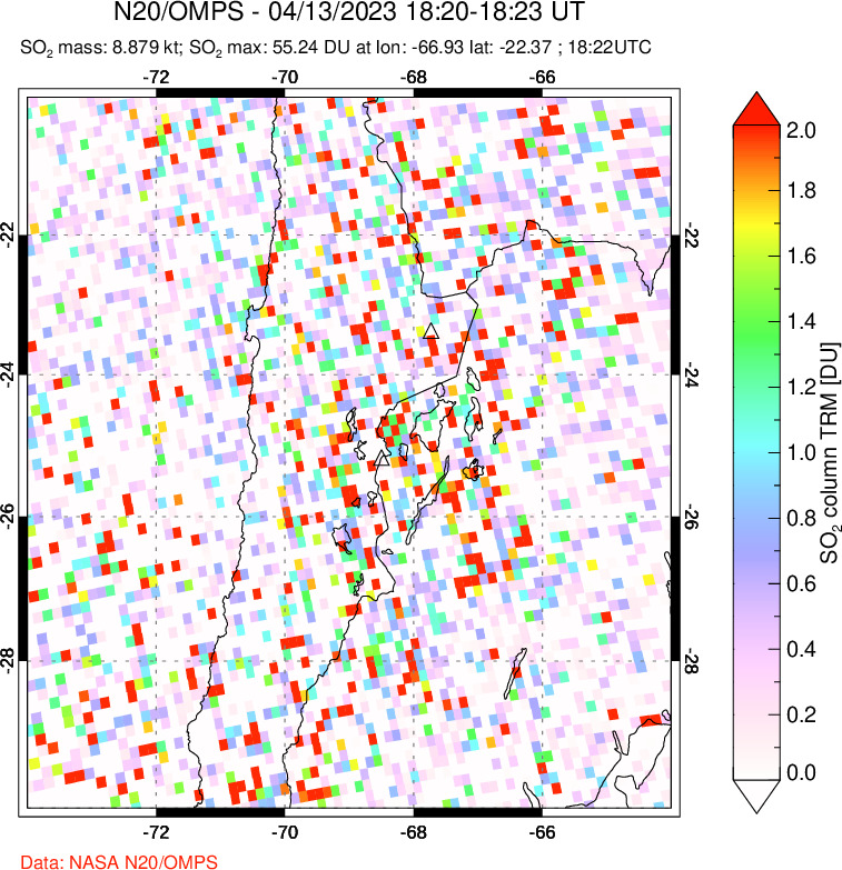 A sulfur dioxide image over Northern Chile on Apr 13, 2023.