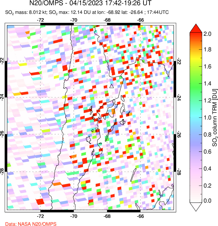 A sulfur dioxide image over Northern Chile on Apr 15, 2023.