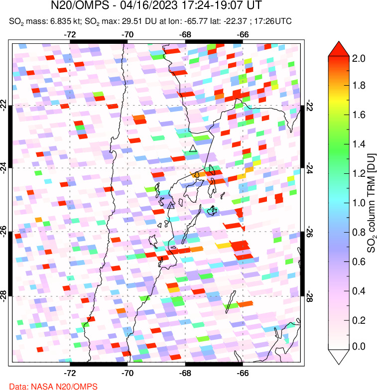 A sulfur dioxide image over Northern Chile on Apr 16, 2023.