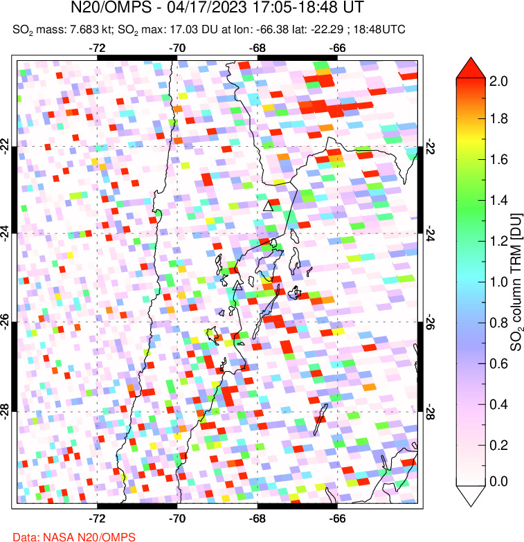 A sulfur dioxide image over Northern Chile on Apr 17, 2023.